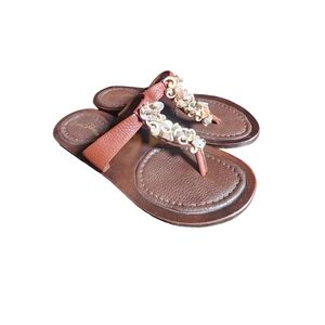 Sam Edelman Bari Shell Embellished Brown Leather Thongs Flip Flop Sandals Size 6